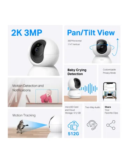 Caméra de Surveillance Intérieure 2K 3MP Connectée 360° - Tapo C210